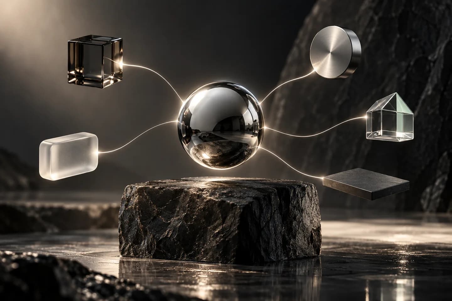 An abstract composition of connected objects illustrating permissioned connections between tools