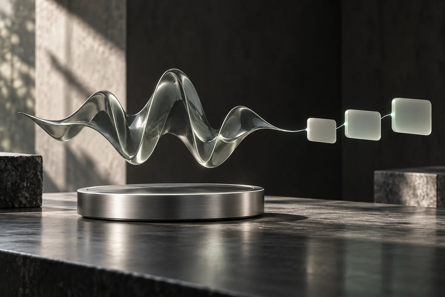 An abstract sound and light composition illustrating a spoken conversation becoming a structured task